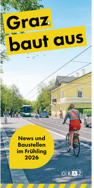 Bildtext: Titel: "Graz baut aus" verschiedene Verkehrsteilnehmer wie Radfahrer, Fußgänger, Straßenbahn auf öffentlicher Fläche.