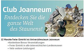 Bildtext: Logo mit Ausstellungsorten des UMJ und Hinweis auf den Club Joanneum.