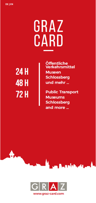 Bildtext: Cover des Graz-Card-Folders. Roter Hintergrund mit weißer Schrift..