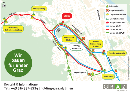 Bildtext: Linienplan mit Markierung der derzeit gesperrten und den aktuell gültigen Haltestellen. Quelle: Holding Graz Linien.