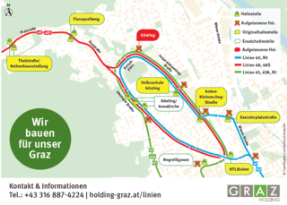 Bildtext: graphische Darstellung des Gebietes der betroffenen Haltestellen (aktive und derzeit inaktive). Quelle: Holding Graz Linien.