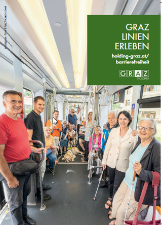 Bildtext: Gruppenfoto mit blinden und sehbehinderten Personen in einer Straßenbahn (Foto: Holding Graz Linien).