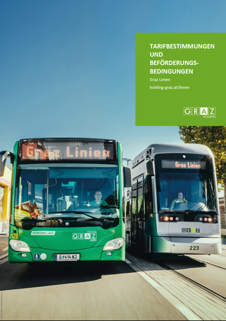 Bildtext: Linienbus und Straßenbahn der Holding Graz Linien mit Überschrift &quot;Tarifbestimmungen&quot;.