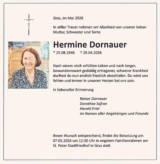 Bildtext: Traueranzeige Hermine Dornauer.